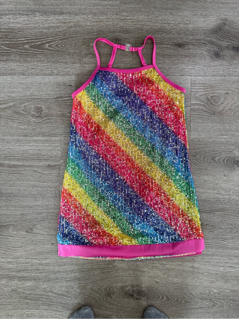 Girls Rainbow Sequin Dance Dress with Pink Trim